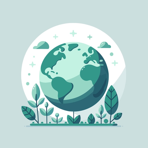 Vector flat design illustration of a globe surrounded by leaves and clouds