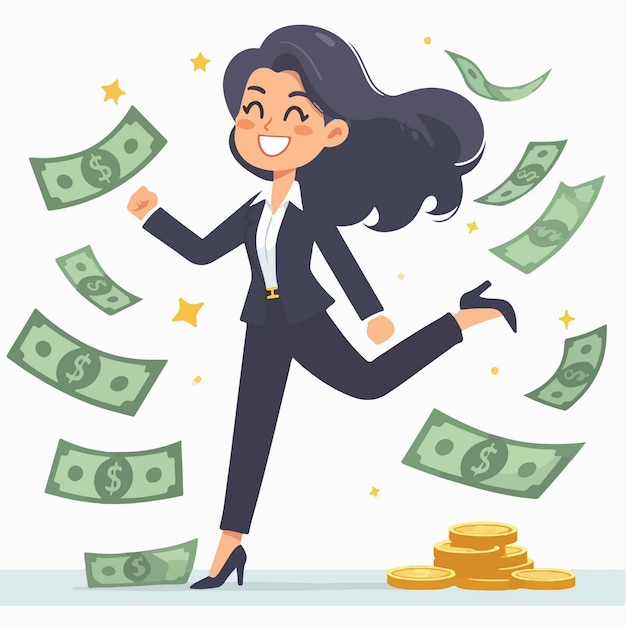 Flat design illustration of happy business woman with flying money sheet