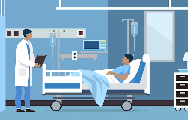 Vector flat design illustration of male doctor check patient health in hospital inpatient room