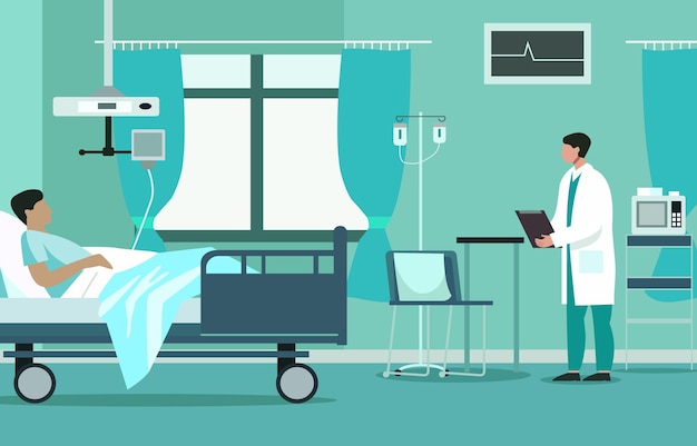 Vector flat design illustration of male doctor check patient health in hospital inpatient room