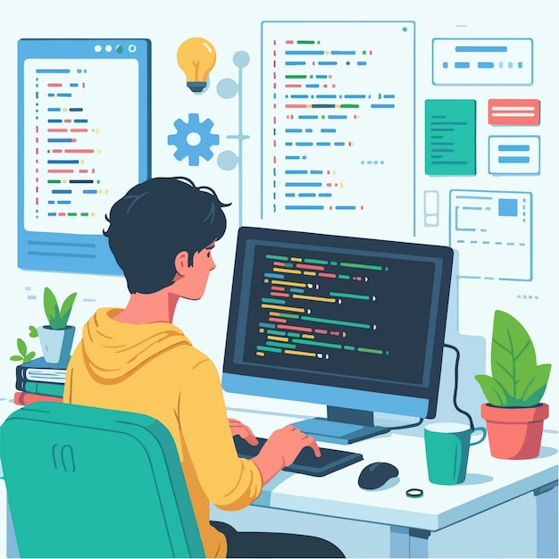 Flat design illustration of a male programmer with complex code