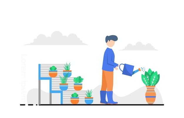 Flat design illustration man watering plants with water