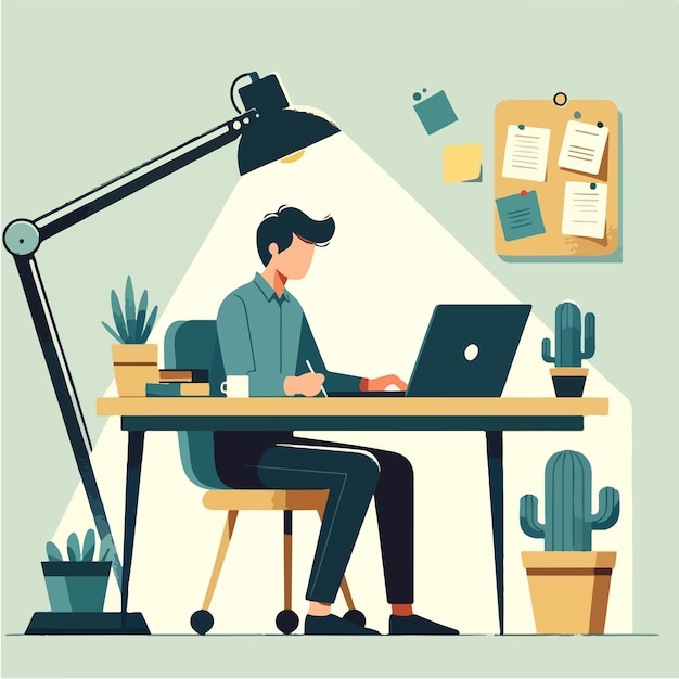 a flat design illustration of a man working on a laptop at a wellorganized desk