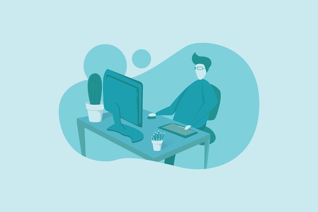 Flat design illustration of a man working with his computer at a desk in turquoise tone
