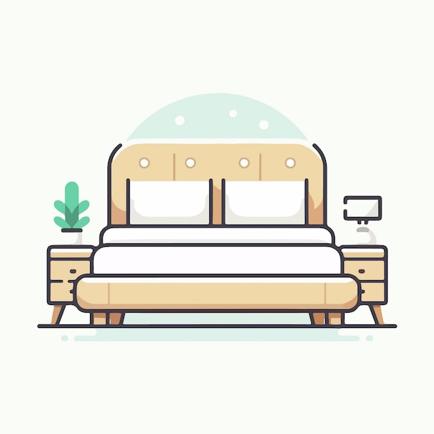 Flat design illustration of minimalist bed with table and plant decoration