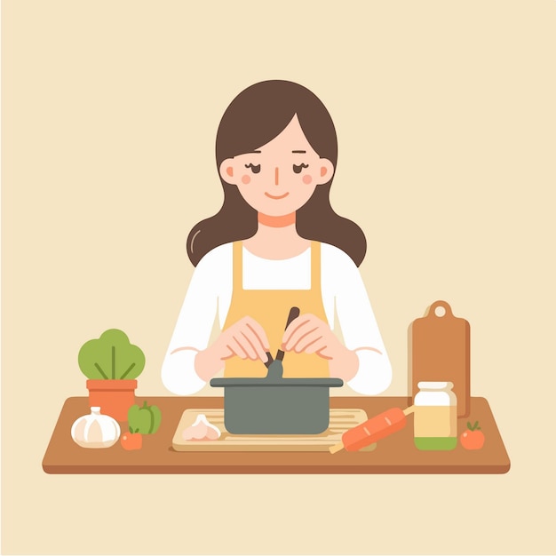 ベクトル 健康的な料理を調理している女性の平らなデザインのイラスト