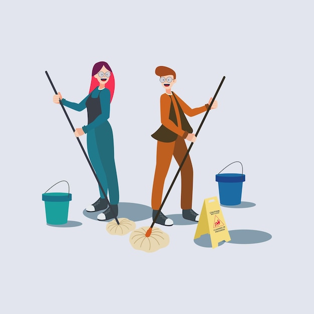 Vector flat design illustration office boy and girl clean the floor with board caution wet floor