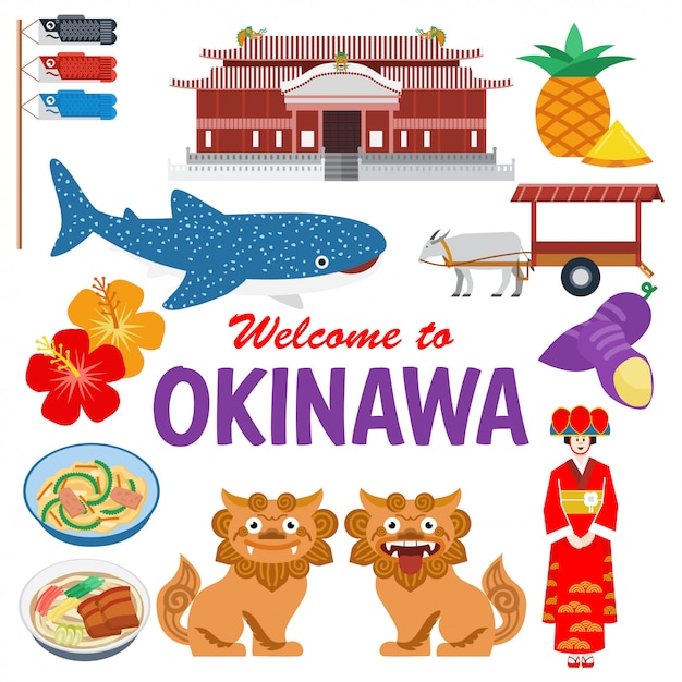 Flat design, illustration of okinawa landmarks and icons,