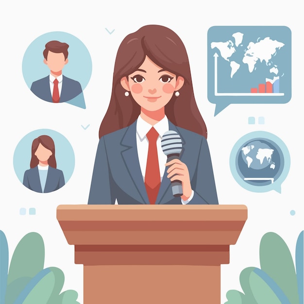 Flat design illustration of public speaking concept A girl is making a speech at the podium using accurate data