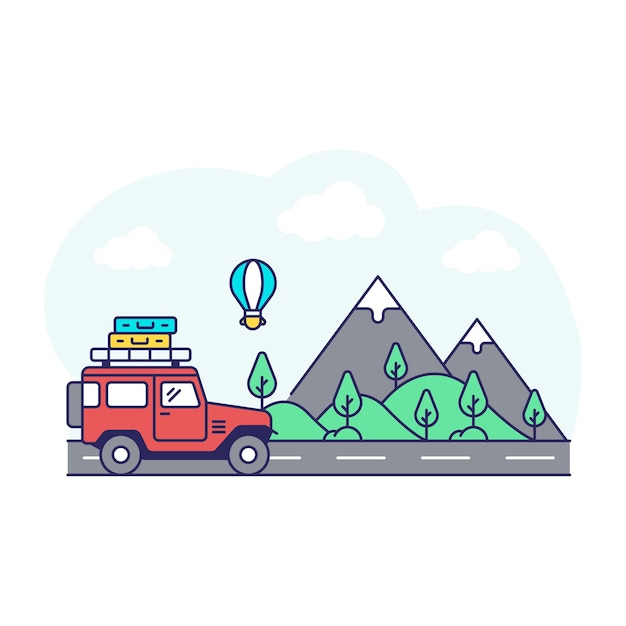 Illustrazione design piatto del viaggio su strada