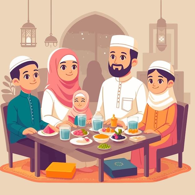 Vector a flat design illustration of sharia muslim family gathering in ramadan