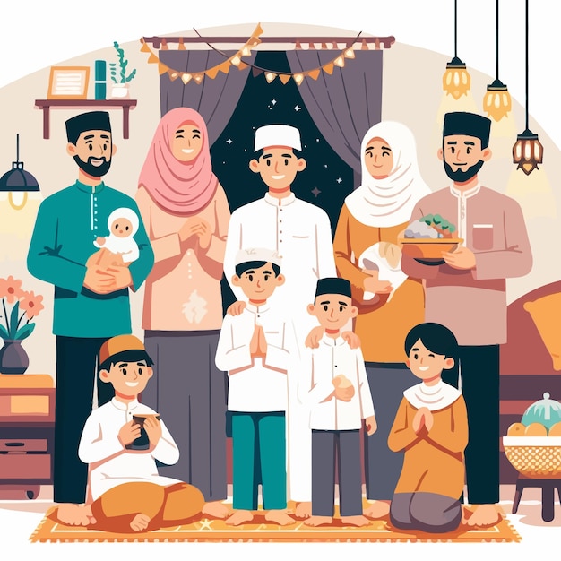 Vector a flat design illustration of sharia muslim family gathering in ramadan
