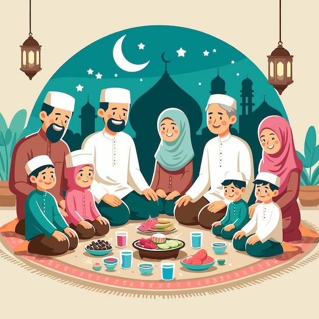 Vector a flat design illustration of sharia muslim family gathering in ramadan