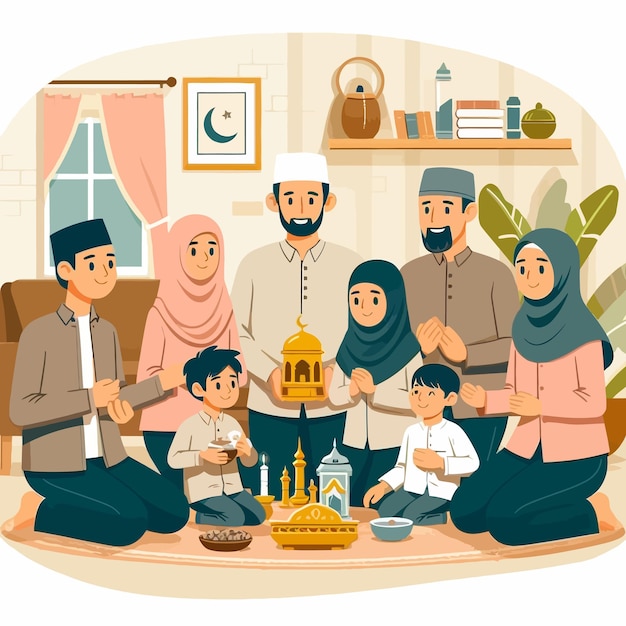 a flat design illustration of sharia muslim family gathering in ramadan