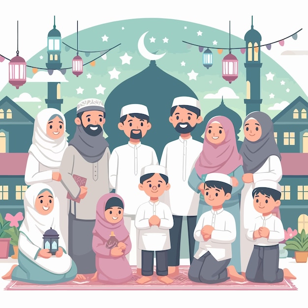 a flat design illustration of sharia muslim family gathering in ramadan