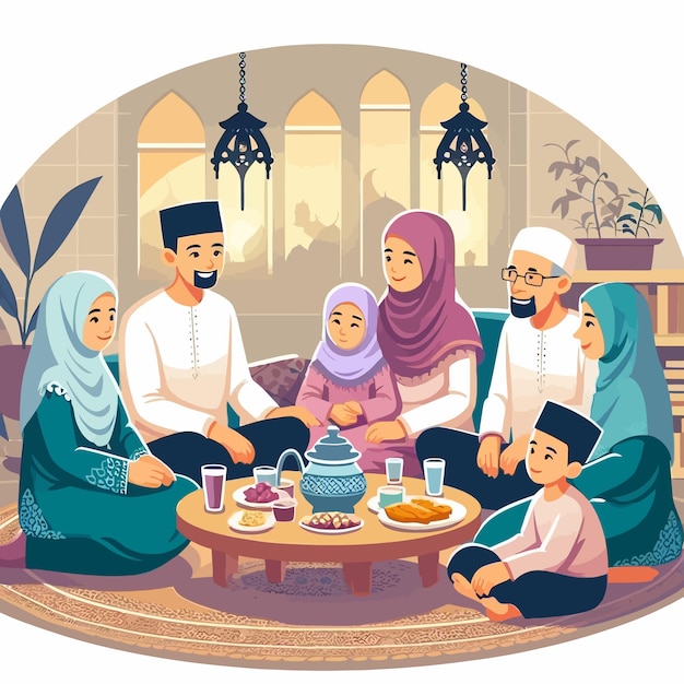 Vector a flat design illustration of sharia muslim family gathering in ramadan