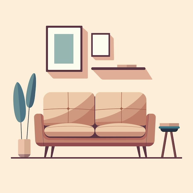 フラットデザイン イラスト ソファの装飾と室内植物のベクトルイラスト