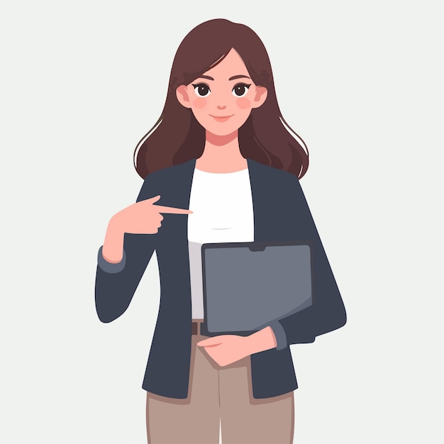 Flat design illustration of a standing business woman pointing at a blank tablet screen for advertising promotional media