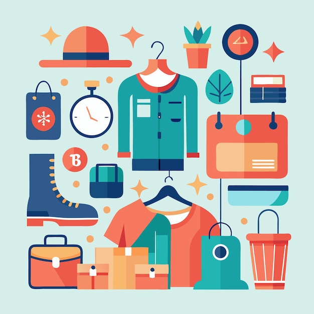 Flat design illustration with various objects like a hat clothing boots and a briefcase
