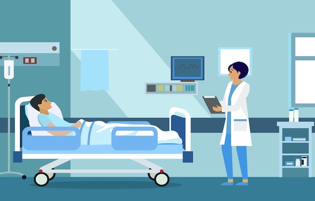 Vector flat design illustration of woman doctor check patient health in hospital inpatient room