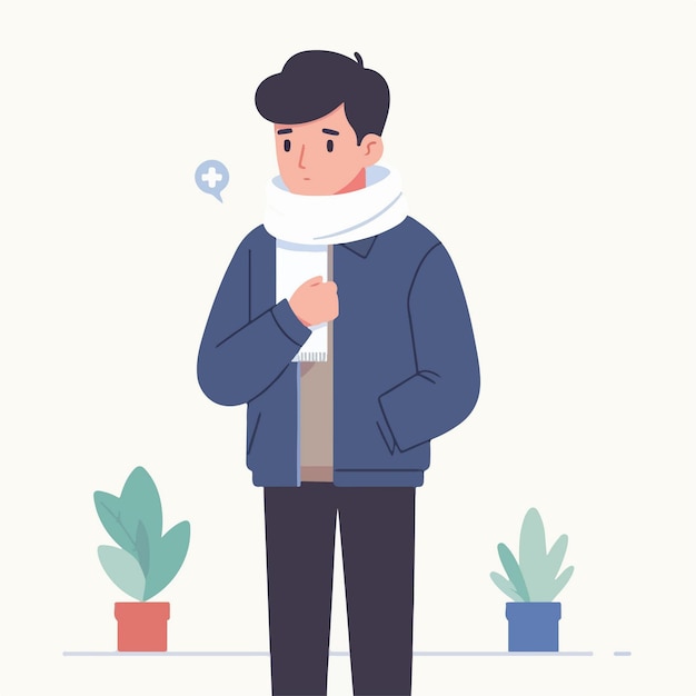 flat design illustration of young man sick with fever wearing warm clothes