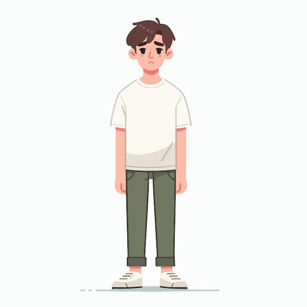 flat design illustration of a young man standing full body with a gloomy sad anxious facial expression