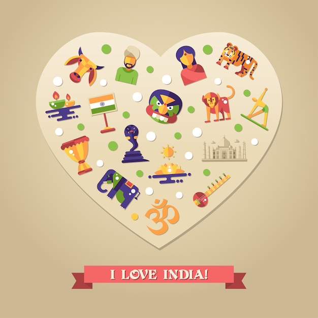 Flat design india travel postcard with icons