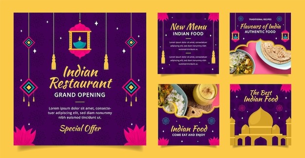 Vector flat design indian restaurant instagram posts