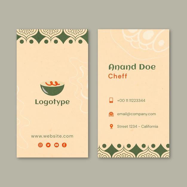 Flat design indian restaurant vertical business card