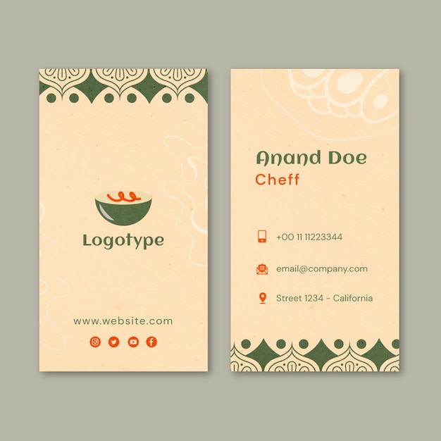 Vector flat design indian restaurant vertical business card