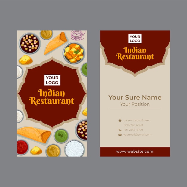 Vector flat design indian restaurant vertical business card