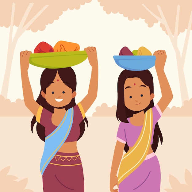 Donne indiane di design piatto che trasportano frutta