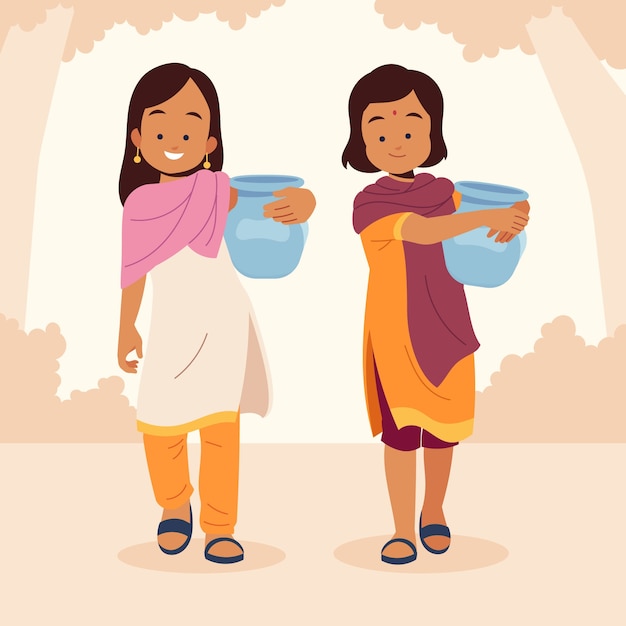 Vector flat design indian women carrying vases