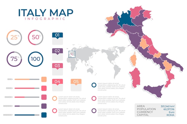 Flat design infographic map of italy