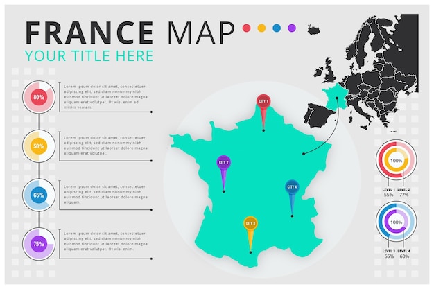ベクトル フランスのフラットデザインインフォグラフィックマップ