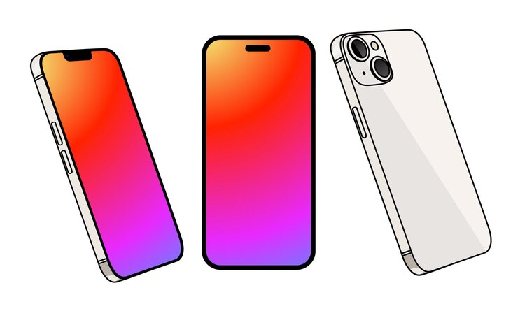 Flat design of iphone 13 and 14 smartphone with blank screen isolated on white background