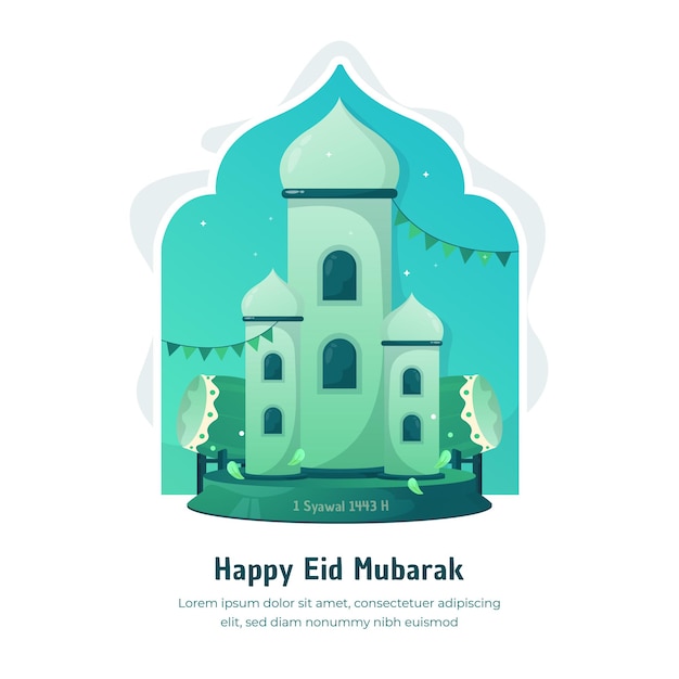 Flat design islamic mosque for eid mubarak greeting