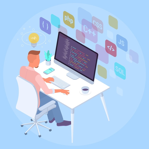 Vector flat design isomentric illustration of programmer at work  concept for  presentation application infographics and web banner