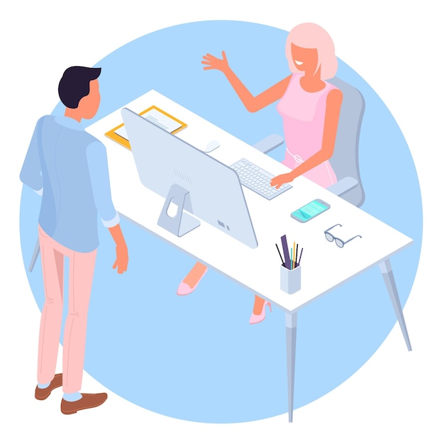 Flat design isometric  young man and woman business communication in the modern office trendy color concept of   teamwork and workflow for presentation website and app design