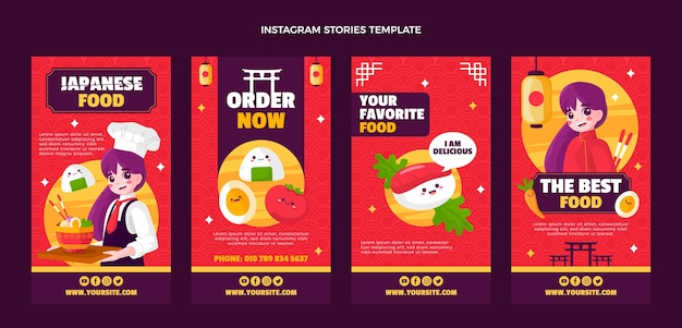Storie di instagram di cibo giapponese dal design piatto