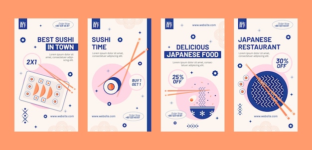 Vector flat design japanese restaurant instagram stories