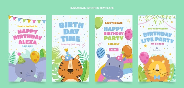 Vector flat design jungle birthday party instagram stories