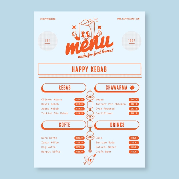 Vettore menu del ristorante kebab dal design piatto