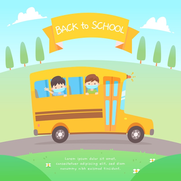 学校のバスでマスクを着ている子供たちのフラットなデザイン