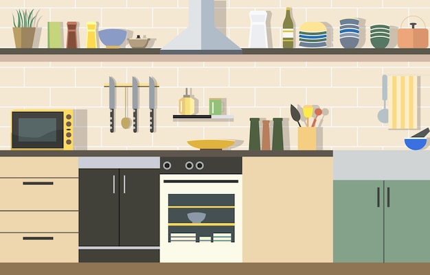 Flat Design of Kitchen in Restaurant with Kitchen Utensils and Storage Shelves