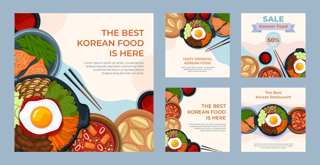 ベクトル フラットなデザインの韓国料理店instagramの投稿