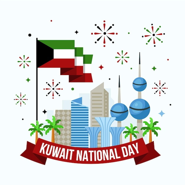 Design piatto kuwait national day edifici e fuochi d'artificio