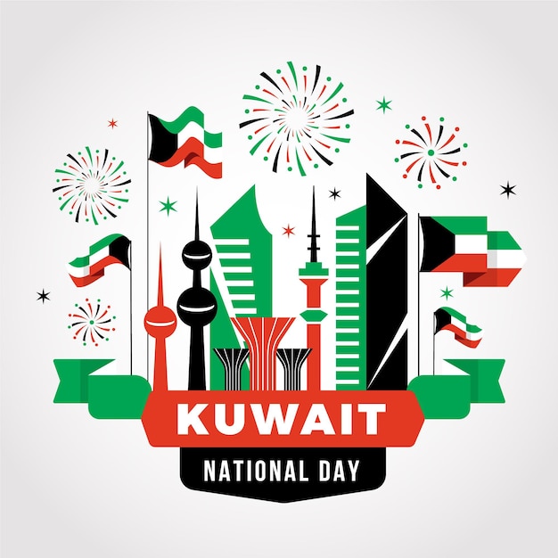 Fuochi d'artificio del giorno nazionale del kuwait di design piatto