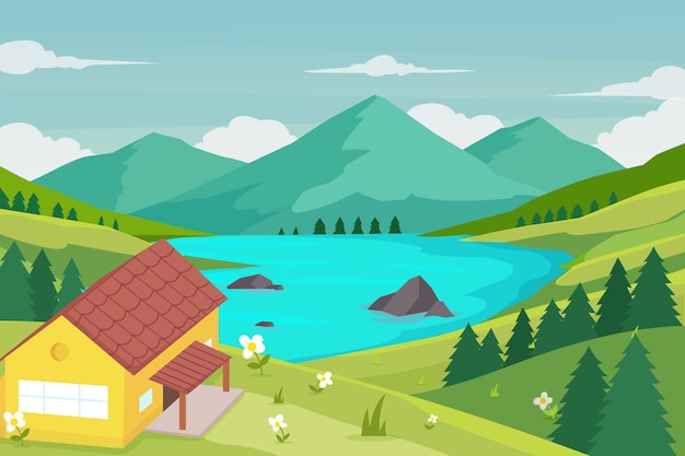 Vector flat design lake scenery