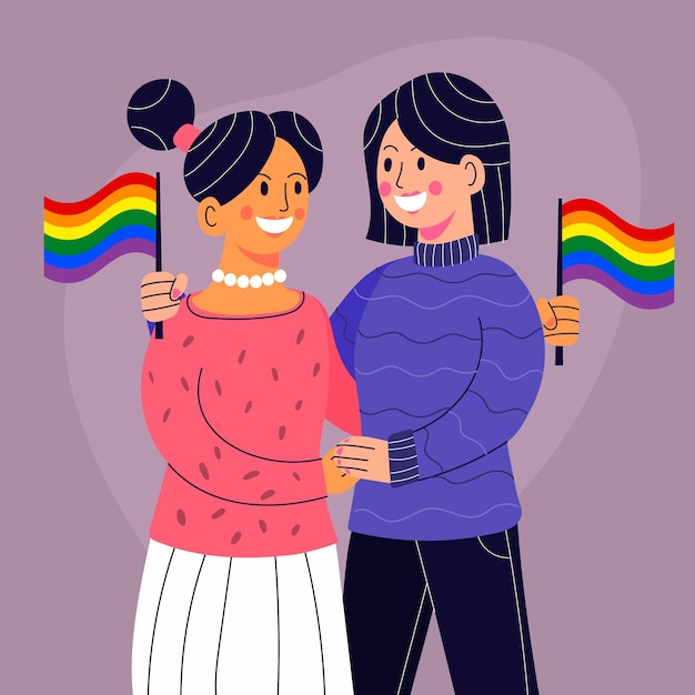 Vector flat design lesbian couple with lgbt flag illustrated